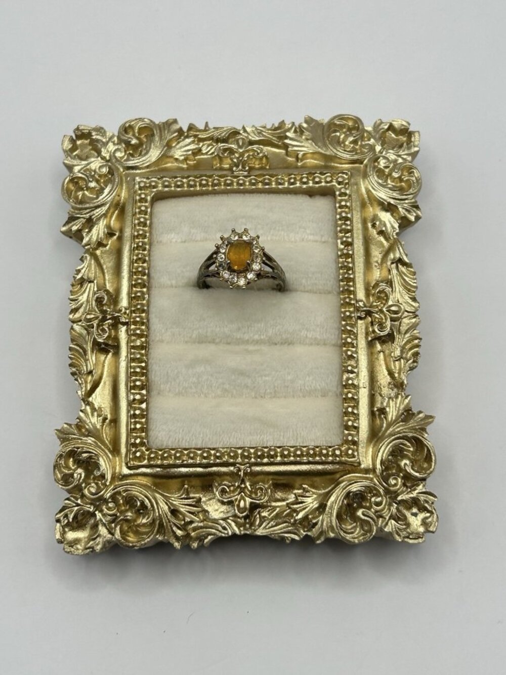 Vintage 18K GE Yellow Stone Halo Ring Size 5.5 Oval Solitaire Costume Jewelry